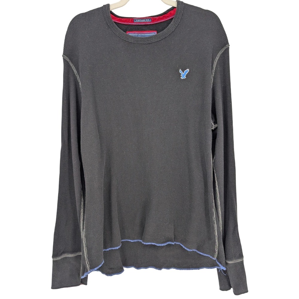 Y2K American Eagle Thermal Shirt Mens XL Black Waffle Knit VTG Fit Long Sleeve‎